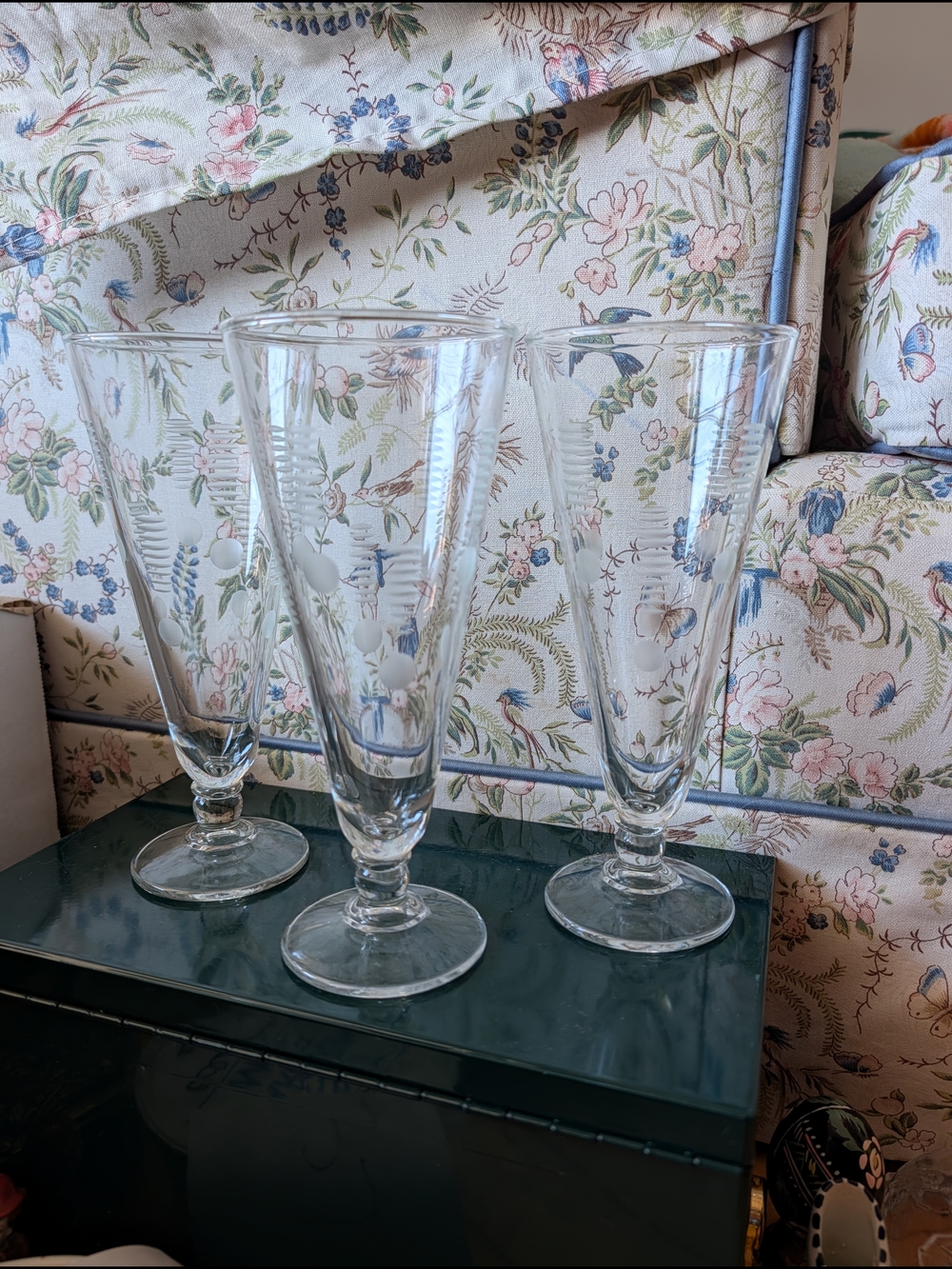 3 Vtg Etched Pilsner Glasses